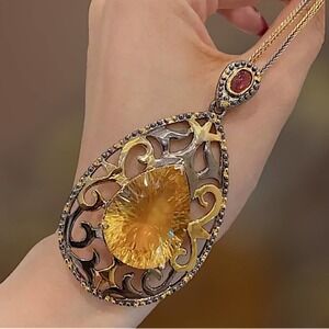 Victorian Gold Citrine Yellow Crystal Gold Silver Pendant Necklace